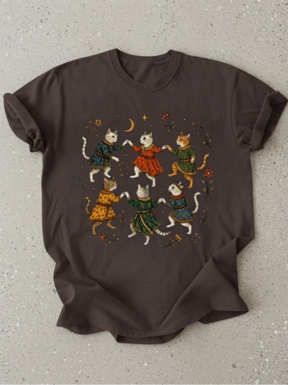 Cute Dancing Cats Folk Art Graphic Tee Shirt Brown Gildan T-Shirt